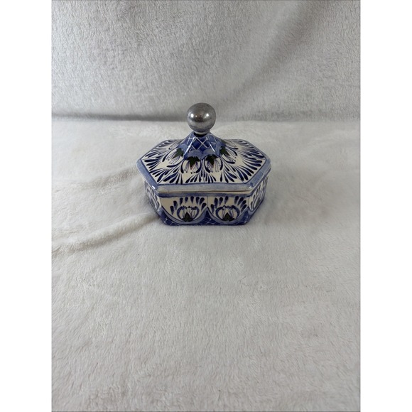 Other - Vintage 90s Mexican Talavera Hexagonal Ceramic Trinket Box Lidded Jewelry Dish